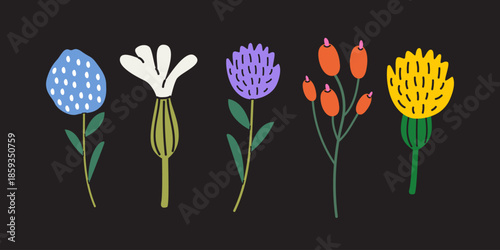 Cartoon wild spring flowers in hand drawn groovy style for stickers, greeting cards, patches, labels, stamps. Trendy hippie botanical wildflowers collection. Vector illustration