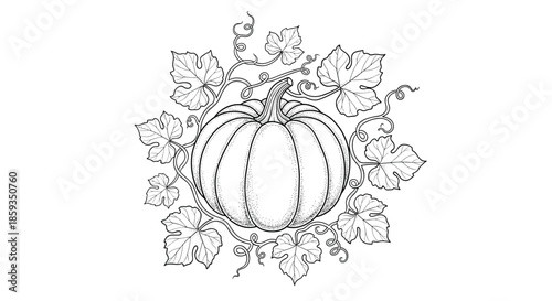 Intricate black and white line art illustration of a round pumpkin surrounded by winding vines and large textured leaves in a circle.