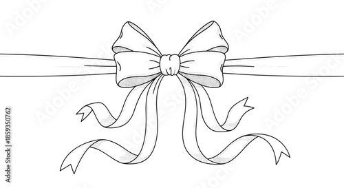 Elegant hand drawn bow tied with long flowing ribbons in a simple black and white line art style suitable for gift wrapping or design.