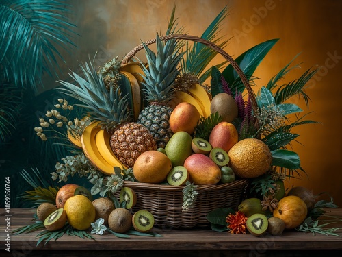 A woven basket overflows with an abundant assortment of fresh tropical fruits and lush foliage. This vibrant and healthy display is set against a warm, gradient background.