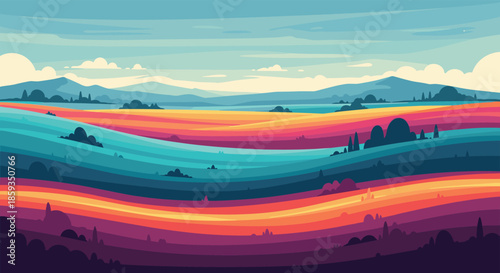 Beautiful rolling hills landscape illustration featuring layers of vibrant colors under a soft blue sky with distant mountain peaks.