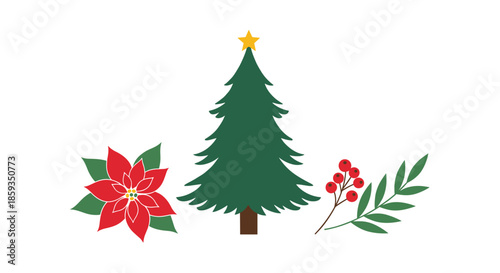 Festive holiday composition featuring a green Christmas tree with a gold star, a red poinsettia flower, and a branch of holly berries.