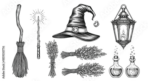 Detailed collection of magical wizard accessories including a witch hat, broomstick, glowing wand, lantern, potion bottles, and herbs.