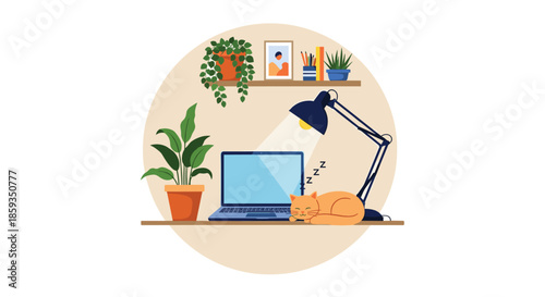 Cozy home office scene showing a ginger cat sleeping next to a laptop computer on a desk under the warm light of a dark blue table lamp.