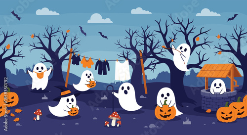 Spooky night scene in a haunted forest with several ghosts floating among barren trees, pumpkins, and a stone well under bats in flight.