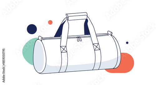 Modern white duffel bag with black straps and handles shown against a background of colorful abstract geometric shapes in a flat style.