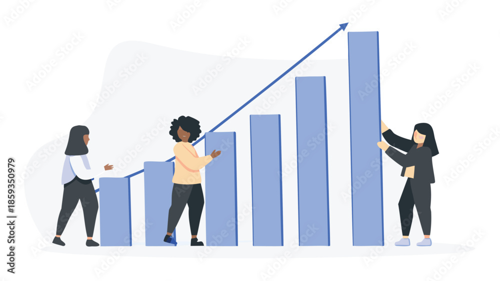 Fototapeta premium Three diverse businesswomen pushing and building a rising blue bar graph with an upward trend arrow on white background