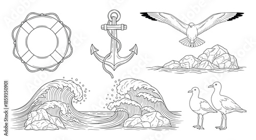 Nautical themed line art collection featuring an anchor, lifebuoy, seagulls, ocean waves, and rocky islands.