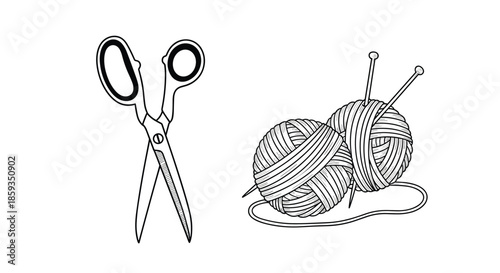 Line art illustration of sewing and knitting tools including a pair of scissors and two balls of yarn with knitting needles.
