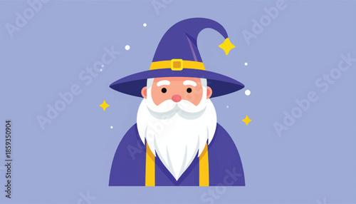 Cartoon Wizard Portrait with Pointed Hat and Long White Beard.
