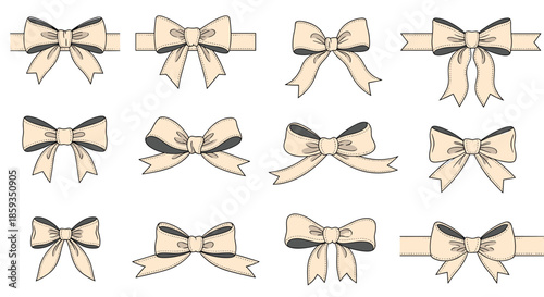Collection of decorative ribbon bows in different styles and shapes for gift wrapping and invitation card designs.