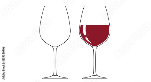 Line art illustration of two elegant wine glasses, one empty and one filled with dark red wine, on a white background.