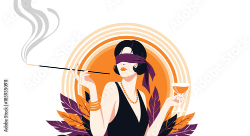 Retro style illustration of an elegant woman in a black dress holding a long cigarette holder and a cocktail glass.
