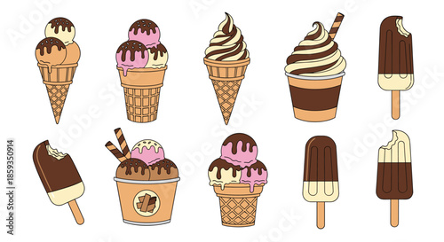 Assortment of delicious ice cream types including cones, sticks, and cups with chocolate and strawberry flavors.