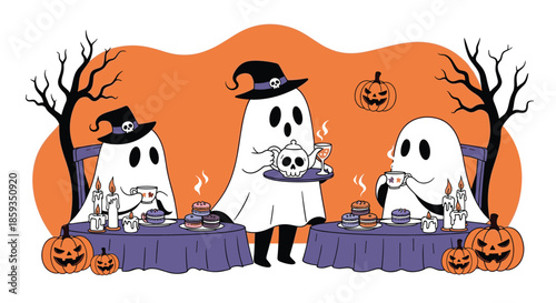 Fun Halloween illustration featuring ghosts having a tea party with pumpkins, treats, and candles in a spooky garden.