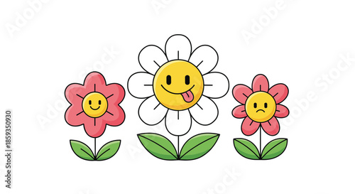 Three cute cartoon flowers with happy and funny faces growing in green leaves on a white background for kids.