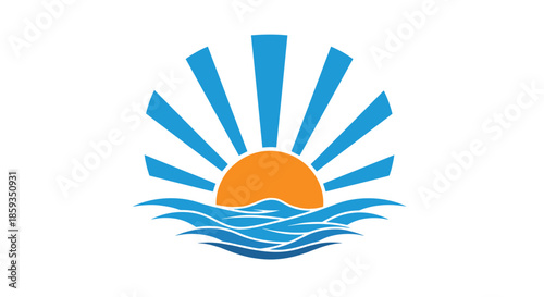 Simple graphic of a bright orange sun rising behind stylized blue ocean waves on a white background for summer theme.