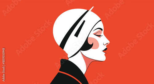 Minimalist profile portrait of an elegant woman wearing a stylish white retro hat against a bright orange background.