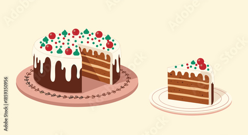 Delicious chocolate layered cake with white dripping icing and red berries served on a decorative round plate.