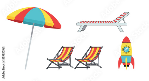Summer beach vacation collection featuring a colorful umbrella, deck chairs, a sun lounger, and a toy rocket.