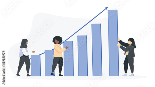 Three diverse businesswomen pushing and building a rising blue bar graph with an upward trend arrow on white background