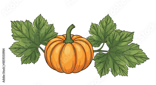 Detailed illustration of a bright orange pumpkin with large green leaves on a white background for autumn themes.