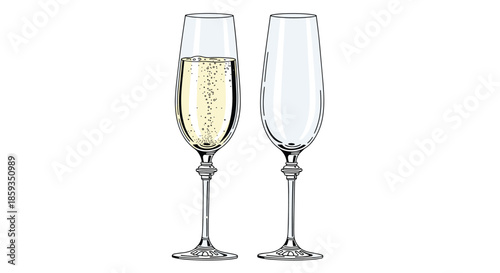 Elegant line art of two champagne flutes, one filled with sparkling champagne and the other empty, for celebrations.