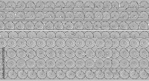 Abstract pattern background consisting of numerous small black line spirals arranged in horizontal rows for creative texture designs.