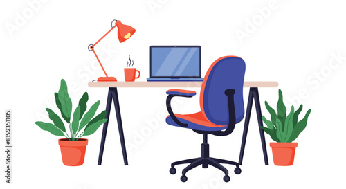 Modern home office workspace setup with a blue laptop, red desk lamp, steaming coffee mug, and green potted plants on a desk.