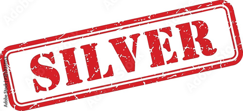 A detailed view of a rectangular distressed red stamp displaying the word silver in bold red capital letters