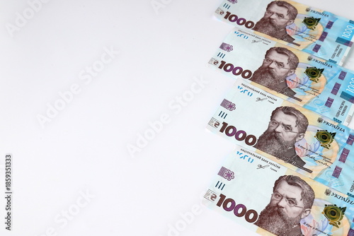 Ukrainian hryvnia, banknotes of 1000 hryvnias, Ukraine, on white background, close-up, isolated. Ukrainian Money background, Ukraine