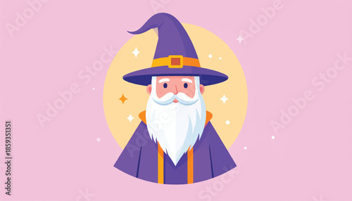 Cartoon Wizard Illustration with Pointed Hat and White Beard.