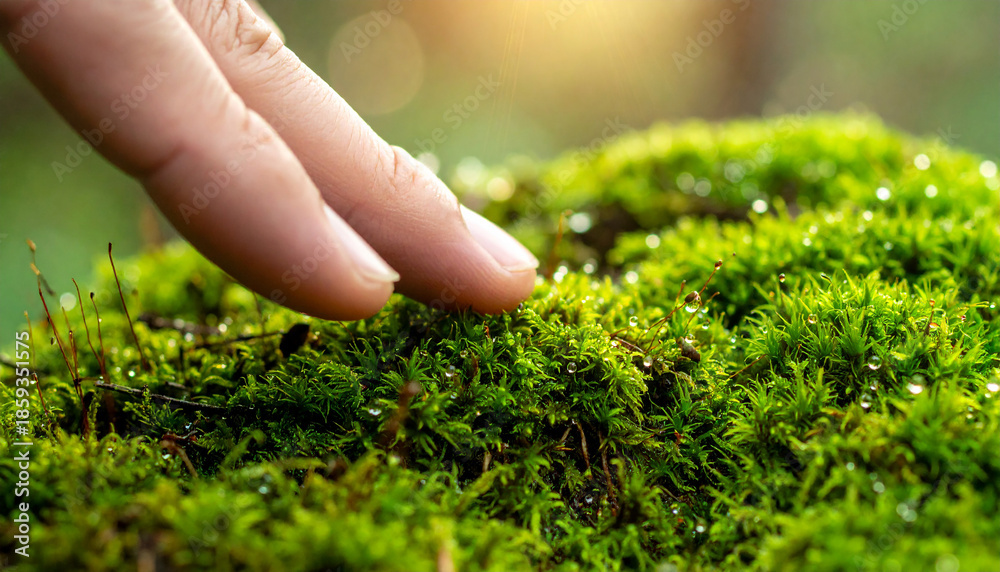 Fototapeta premium Macro of a Human Finger Gently Touching Vibrant Green Moss with Dew Drops in a Sunlit Forest, Concept of Connection with Nature and Environmental Protection.