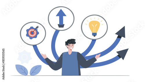 Flat digital illustration of a man with a thoughtful expression surrounded by arrows and icons representing ideas, growth, and innovation
