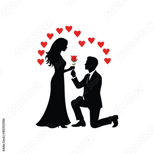 Man proposing to woman with rose on one knee surrounded by hearts