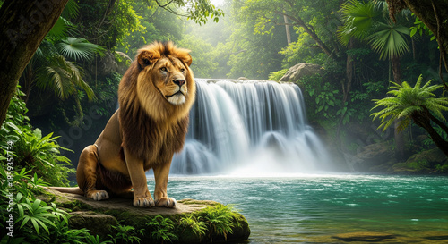 lion on the rock and waterfall