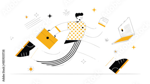 Flat illustration of a man dashing with a laptop and briefcase in a dynamic motion with stars