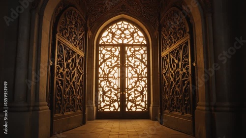 Intricated Arched Doorway with Illuminated Ornate Panels.