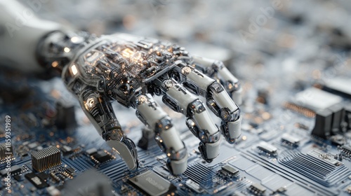 Robotic Hand on Circuit Board Depicts Integration of Artificial Intelligence