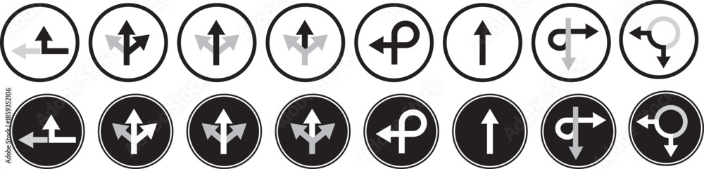 Obraz premium Navigation road arrows set with turning, straight and crossroad directions on Transparent background. turning, straight, and location point marks for driving route. Road navigation arrows. Traffic rou