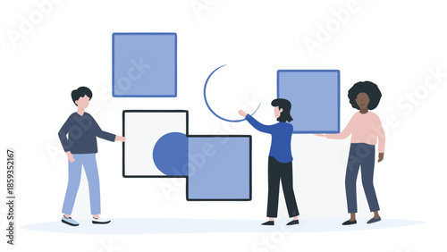 Flat vector illustration of diverse people collaborating on future success with blue shapes and squares