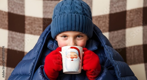 Bundled up child wrapped in puffy blue jacket and knit hat, holding Santa mug with red mittens, warming up with hot chocolate and smiling shyly while sitting against soft plaid blanket on cold winter 