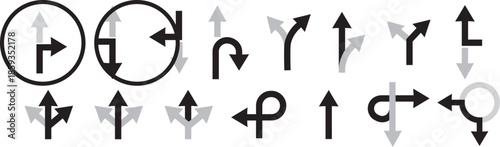 Navigation road arrows set with turning, straight and crossroad directions on Transparent background. turning, straight, and location point marks for driving route. Road navigation arrows. Traffic rou