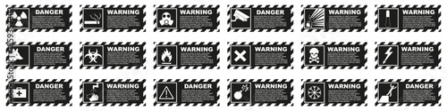 Industrial hazard labels with warning frames and danger icons. Safety signage for factories and technical zones