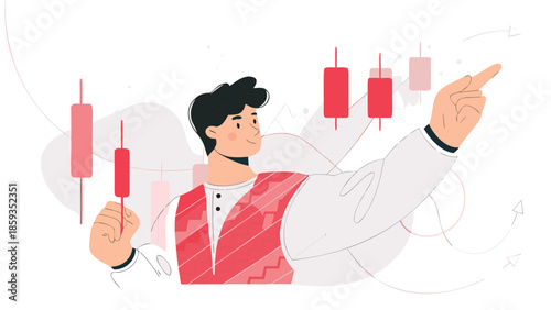 A man pointing at stock market charts with red candlesticks in a digital illustration