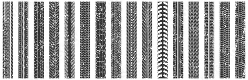 Grunge tire track textures with different tread patterns. Distressed vehicle traces for racing and automotive backgrounds
