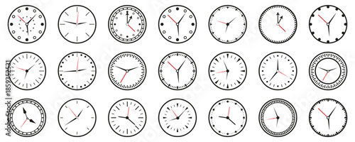 Wall clock face collection with various round designs and time indicators. Clean black and white style with red second hands
