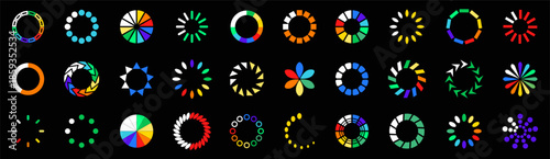 Colorful loading spinners and progress indicators set. Circular preload graphics for user interface systems