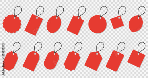 Red price tag shapes set with hanging strings. Blank sale labels for retail branding