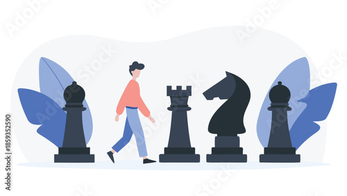 High end flat illustration of forward motion with a person walking past oversized chess pieces and blue butterfly wings in the background